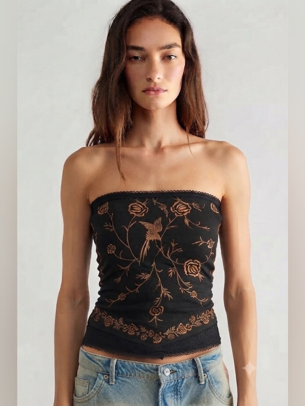 Free People Black Strapless Camisole with Brown Floral & Bird Embroidery